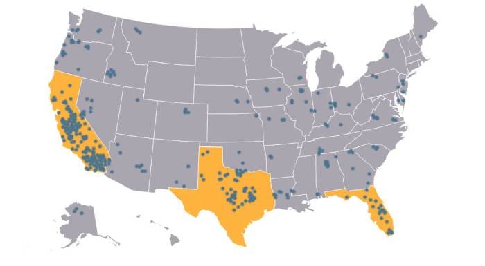 Map of locations in the United States - California, Texas, Florida highlighted