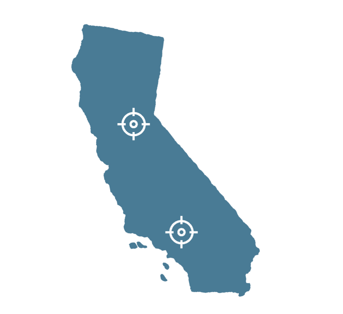 State of California with bullseye on Sacramento and Los Angeles